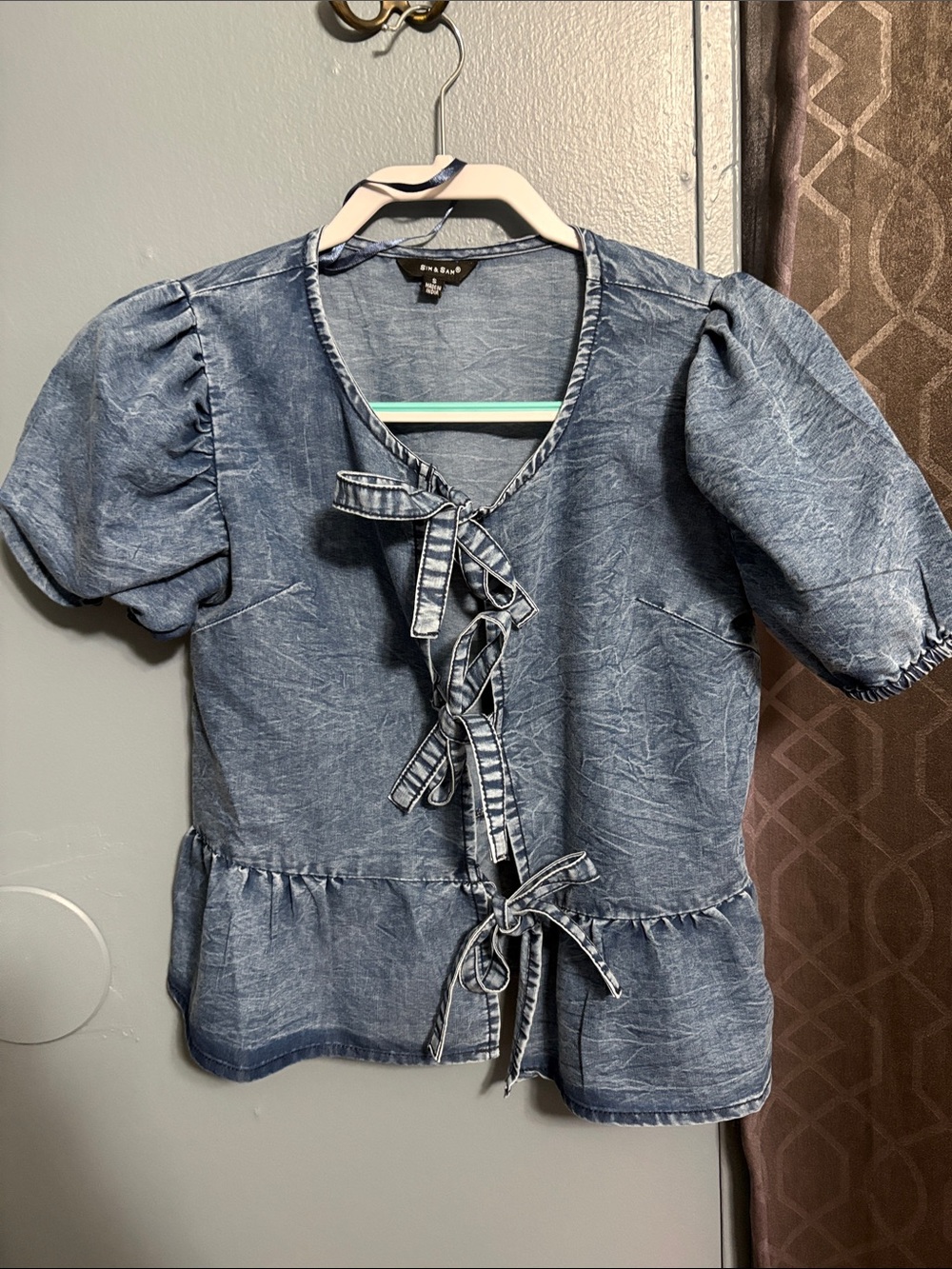 Blue Denim Tie-Front Puff Sleeve Top
